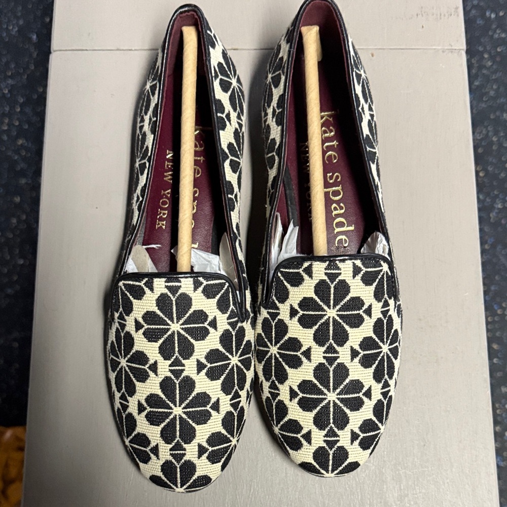 Kate Spade Black and Cream Floral Loafers